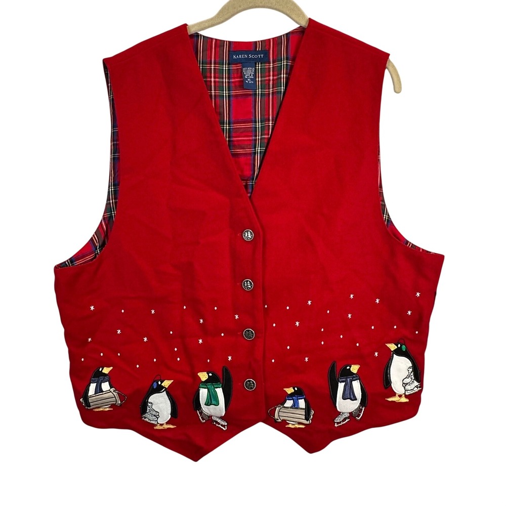 Karen Scott Red Christmas Penguin Vest XL Plaid Lined Embroidered NWT Holiday